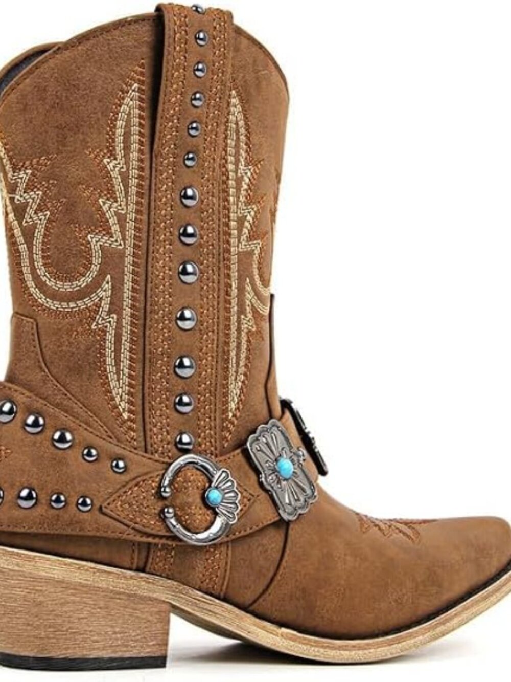 Women's Brown Ankle High Block Heel Pointed Toe Cowboy Rodeo Concert Boot - Picture 4 of 6